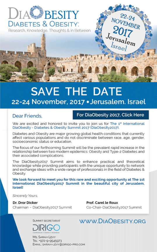 הוועידה הבינלאומית להשמנה וסוכרת DiaObesity2017 תתקיים ב 22-24 נובמבר 2017 בירושלים